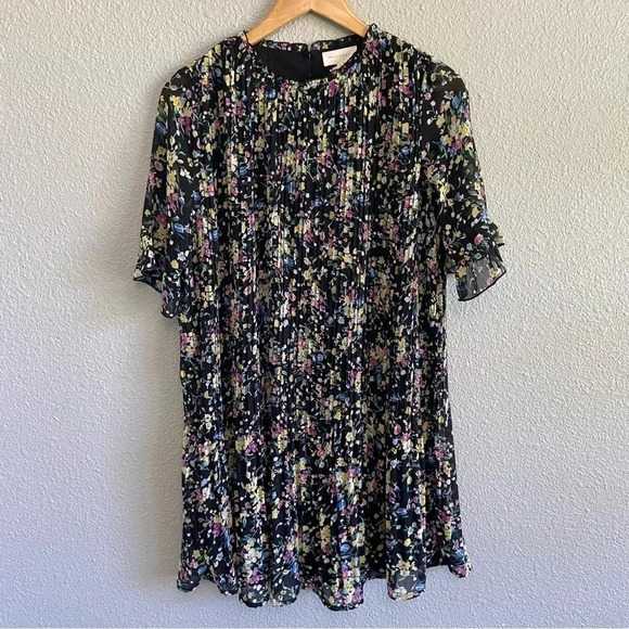 Melloday Black Pleated Floral Ruffle Neck Mini Shift Dress Size‎ Small NWT - Picture 1 of 5